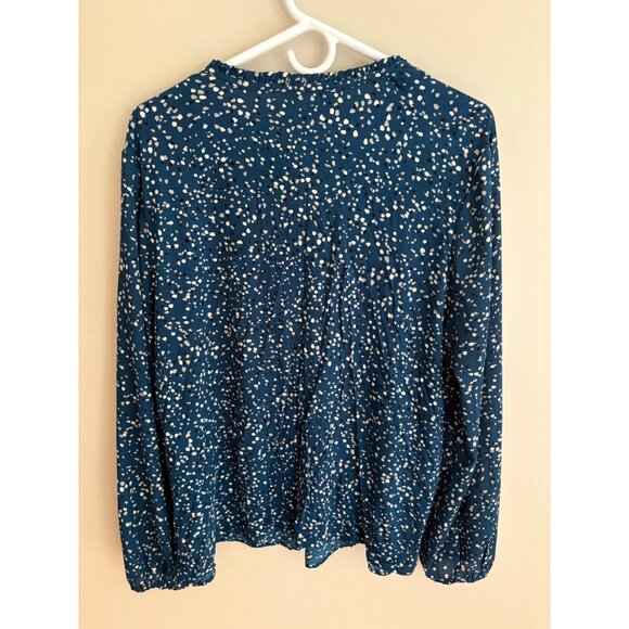 LOFT Blue Confetti Dot Long Sleeve Split Neck Smocked Casual Blouse Size XL - Picture 5 of 12